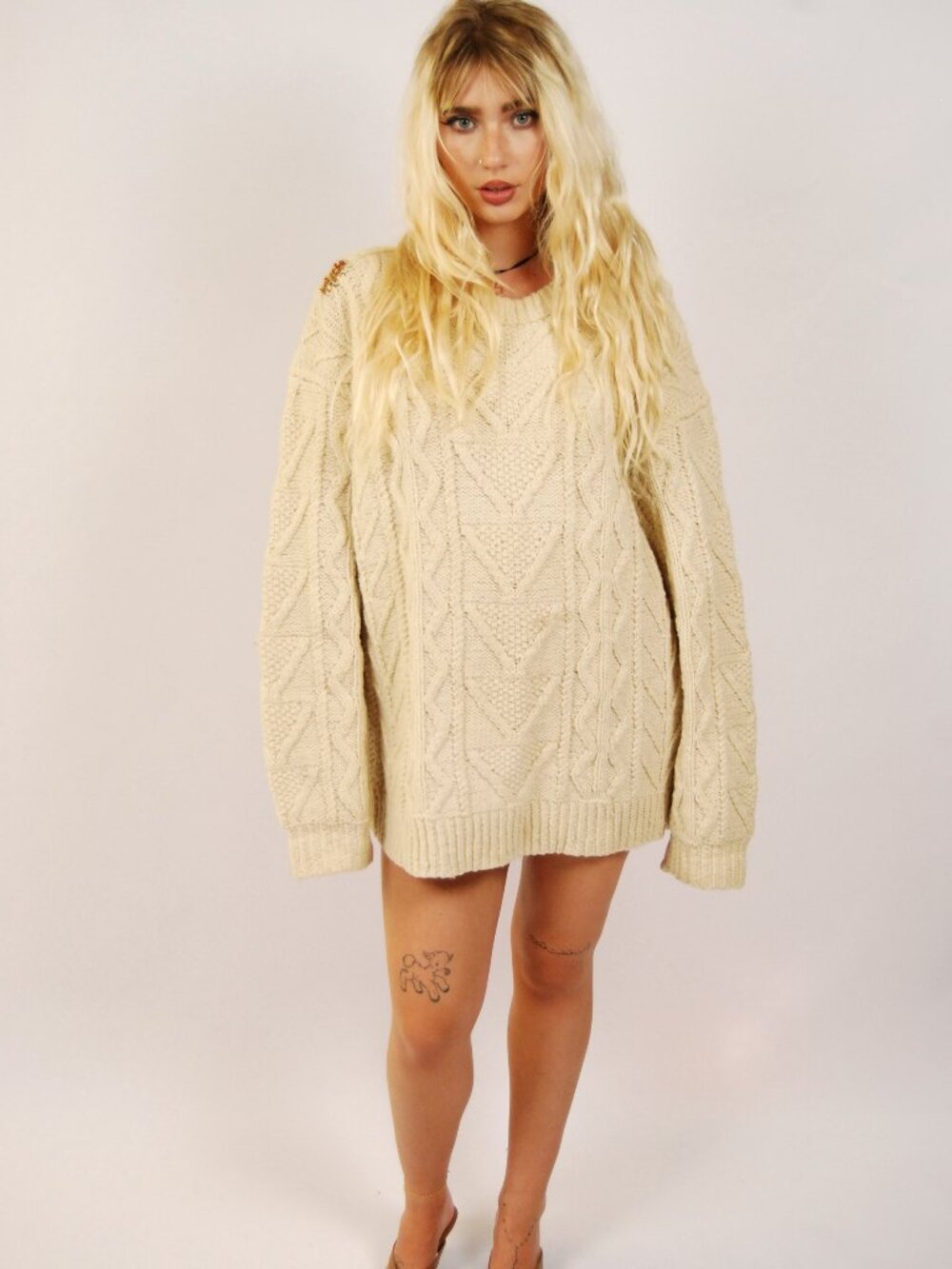60s Wool Sweater (2XL) cream vintage mens Gaeltarra cable knit preppy ski winter